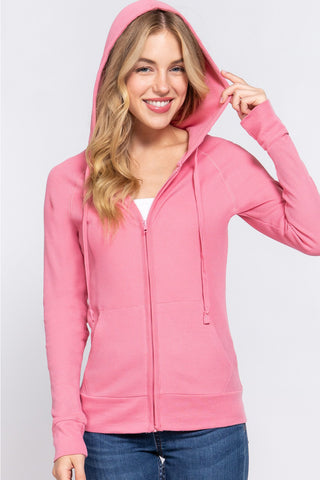 Shop DEEP PINK ACTIVE BASIC Waffle Knit Drawstring Zip Up Long Sleeve Hoodie - High-Quality U.S. Made Women’s Fashion with Free & Fast Shipping