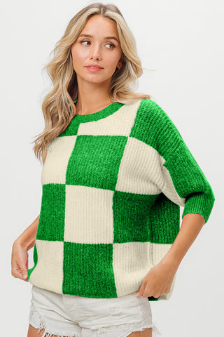 Shop BiBi Checkered Contrast Round Neck Sweater - High-Quality U.S. Made Women’s Fashion with Free & Fast Shipping