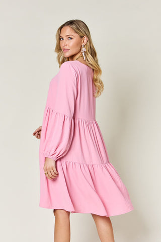 Shop Double Take Full Size V-Neck Balloon Sleeve Tiered Dress with Pockets - High-Quality U.S. Made Women’s Fashion with Free & Fast Shipping