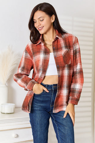 Shop Caramel Plaid Collared Neck Long Sleeve Shirt - High-Quality U.S. Made Women’s Fashion with Free & Fast Shipping