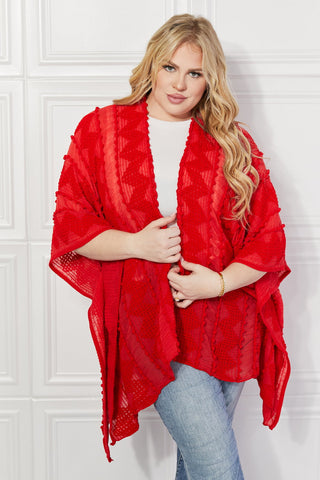 Shop Red One Size Justin Taylor Pom-Pom Asymmetrical Poncho Cardigan in Red - High-Quality U.S. Made Women’s Fashion with Free & Fast Shipping