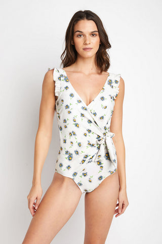 Shop Marina West Swim Float On Ruffle Faux Wrap One-Piece in Daisy Cream - High-Quality U.S. Made Women’s Fashion with Free Fast Shipping