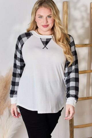 Shop Hailey & Co Full Size Plaid Raglan Sleeve Round Neck Blouse - High-Quality U.S. Made Women’s Fashion with Free & Fast Shipping