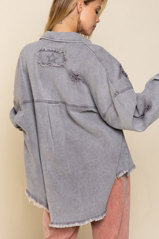 Shop Grey POL Button Down Raw Hem Distressed Shacket - High-Quality U.S. Made Women’s Fashion with Free & Fast Shipping