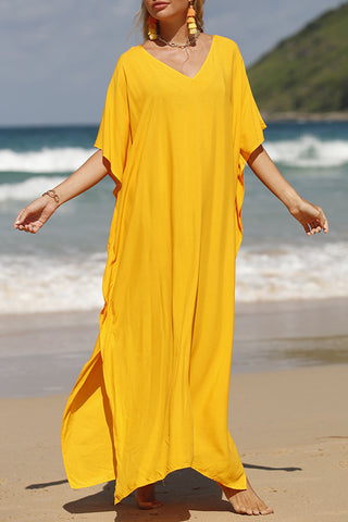 Shop Yellow One Size Slit V-Neck Half Sleeve Cover-Up - High-Quality U.S. Made Women’s Fashion with Free & Fast Shipping