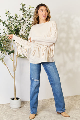 Shop Celeste Full Size Fringe Detail Long Sleeve Blouse - High-Quality U.S. Made Women’s Fashion with Free & Fast Shipping