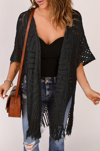 Shop Fringe Hem Slit Open Front Cardigan - High-Quality U.S. Made Women’s Fashion with Free & Fast Shipping