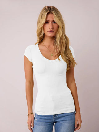 Shop White Scoop Neck Cap Sleeve T-Shirt - High-Quality U.S. Made Women’s Fashion with Free & Fast Shipping