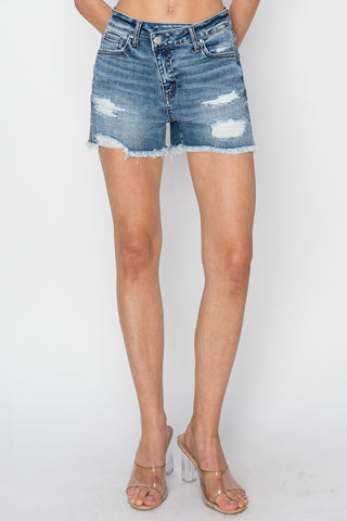 Shop RISEN Stepped Waist Frayed Denim Shorts - High-Quality U.S. Made Women’s Fashion with Free & Fast Shipping