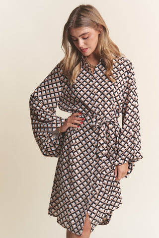 Shop J.NNA Geometric Balloon Long Sleeve Midi Dress - High-Quality U.S. Made Women’s Fashion with Free & Fast Shipping