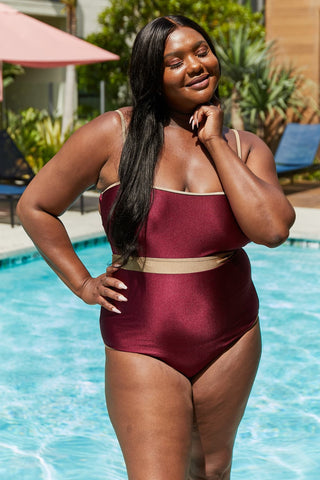 Shop Marina West Swim Wave Break Contrast Trim One-Piece in Wine - High-Quality U.S. Made Women’s Fashion with Free Fast Shipping