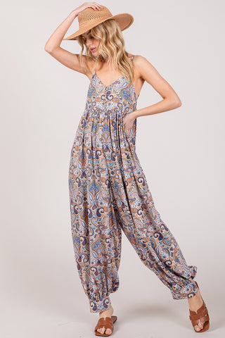 Shop Blue SAGE + FIG Full Size Multi Paisley Print Sleeveless Jumpsuit - High-Quality U.S. Made Women’s Fashion with Free & Fast Shipping