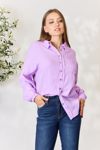 Shop Zenana Full Size Texture Button Up Raw Hem Long Sleeve Shirt - High-Quality U.S. Made Women’s Fashion with Free & Fast Shipping