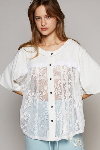 Shop Off White POL Round Neck Short Sleeve Lace Top - High-Quality U.S. Made Women’s Fashion with Free & Fast Shipping