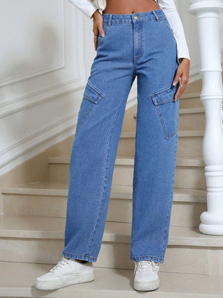 Shop High Waist Straight Leg Jeans with Pockets - High-Quality U.S. Made Women’s Fashion with Free & Fast Shipping