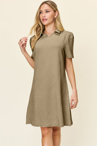 Shop Khaki Double Take Full Size Texture Collared Neck Short Sleeve Dress - High-Quality U.S. Made Women’s Fashion with Free & Fast Shipping