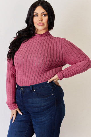 Shop Basic Bae Full Size Ribbed Mock Neck Long Sleeve T-Shirt - High-Quality U.S. Made Women’s Fashion with Free & Fast Shipping