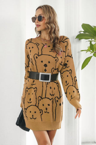 Shop Bear Pattern Round Neck Sweater Dress - High-Quality U.S. Made Women’s Fashion with Free & Fast Shipping