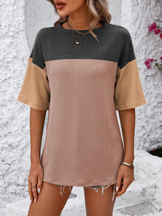 Shop Mandy Color Block Round Neck Half Sleeve T-Shirt - High-Quality U.S. Made Women’s Fashion with Free & Fast Shipping