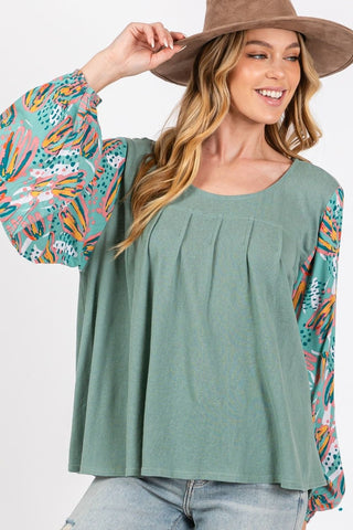 Shop Sage SAGE + FIG Ruched Round Neck Printed Bubble Sleeve Top - High-Quality U.S. Made Women’s Fashion with Free & Fast Shipping