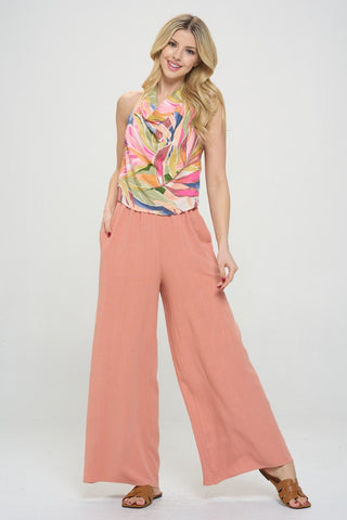 Shop Coral RENEE C Linen Wide Leg Pants with Pockets - High-Quality U.S. Made Women’s Fashion with Free & Fast Shipping