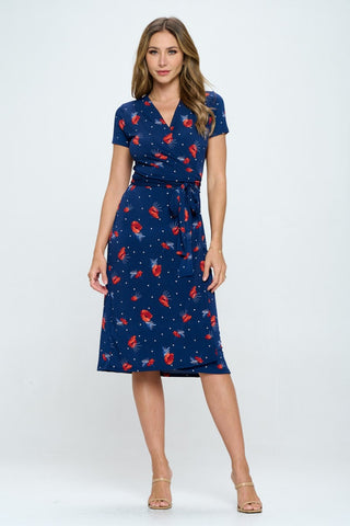 Shop Navy RENEE C Floral Tie Front Surplice Short Sleeve Dress - High-Quality U.S. Made Women’s Fashion with Free & Fast Shipping