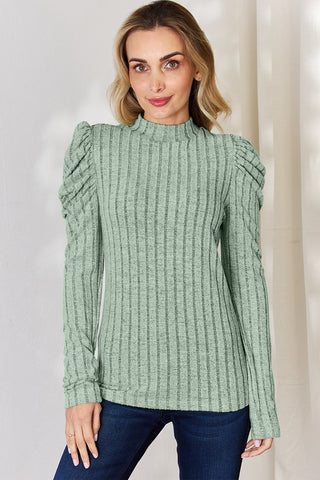 Shop Light Green Basic Bae Full Size Ribbed Mock Neck Puff Sleeve T-Shirt - High-Quality U.S. Made Women’s Fashion with Free & Fast Shipping