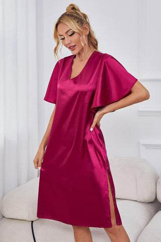 Shop Satin Flutter Sleeve Side Slit V-Neck Night Dress - High-Quality U.S. Made Women’s Fashion with Free Fast Shipping