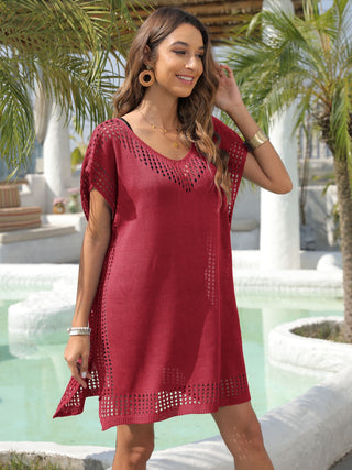 Shop Burgundy One Size Slit Openwork V-Neck Cover-Up - High-Quality U.S. Made Women’s Fashion with Free & Fast Shipping