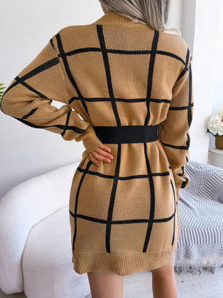 Shop Plaid Round Neck Dropped Shoulder Sweater Dress - High-Quality U.S. Made Women’s Fashion with Free Fast Shipping