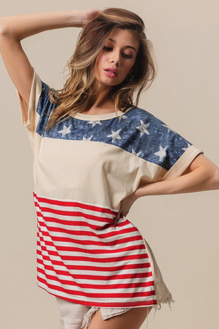 Shop Stripe BiBi American Flag Theme Short Sleeve T-Shirt - High-Quality U.S. Made Women’s Fashion with Free & Fast Shipping