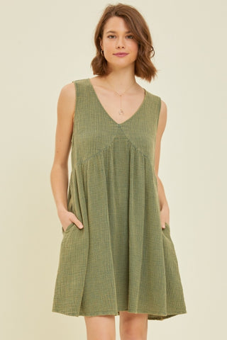 Shop Green HEYSON Full Size Texture V-Neck Sleeveless Flare Mini Dress - High-Quality U.S. Made Women’s Fashion with Free & Fast Shipping