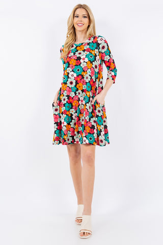 Shop Celeste Full Size Floral Three-Quarter Sleeve Dress with Pockets - High-Quality U.S. Made Women’s Fashion with Free & Fast Shipping