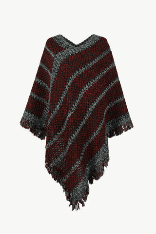 Shop Burgundy One Size V-Neck Fringe Hem Poncho - High-Quality U.S. Made Women’s Fashion with Free & Fast Shipping