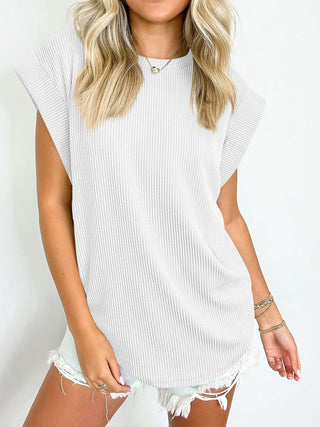 Shop White Lovelet Textured Round Neck Cap Sleeve Blouse - High-Quality U.S. Made Women’s Fashion with Free & Fast Shipping