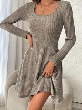 Shop Khaki Ribbed Scoop Neck Long Sleeve Sweater Dress - High-Quality U.S. Made Women’s Fashion with Free & Fast Shipping