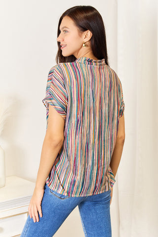 Shop Multicolored Stripe Notched Neck Top - High-Quality U.S. Made Women’s Fashion with Free & Fast Shipping