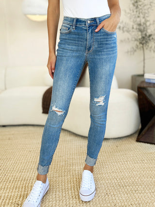 Shop Judy Blue Full Size Mid Rise Destroy & Cuff Skinny Jeans - High-Quality U.S. Made Women’s Fashion with Free & Fast Shipping