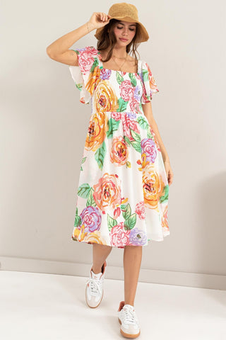 Shop Multi HYFVE Floral Flutter Sleeve Smocked Dress - High-Quality U.S. Made Women’s Fashion with Free & Fast Shipping