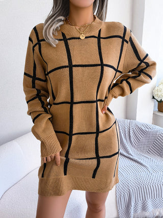 Shop Plaid Round Neck Dropped Shoulder Sweater Dress - High-Quality U.S. Made Women’s Fashion with Free Fast Shipping