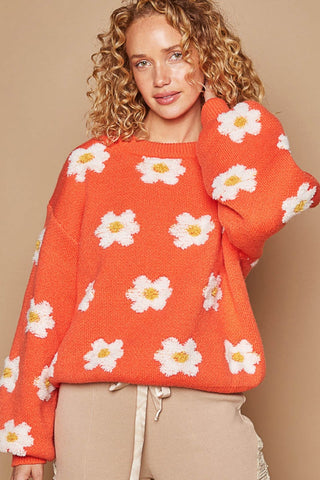 Shop Sun Orange POL Daisy Pattern Drop Shoulder Sweater - High-Quality U.S. Made Women’s Fashion with Free & Fast Shipping