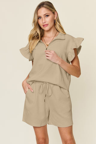 Shop Khaki Double Take Full Size Texture Flounce Sleeve Top and Drawstring Shorts Set - High-Quality U.S. Made Women’s Fashion with Free & Fast Shipping