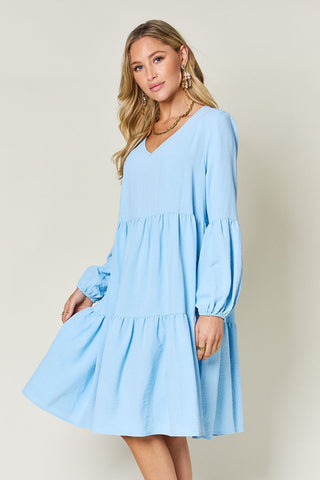 Shop Double Take Full Size V-Neck Balloon Sleeve Tiered Dress with Pockets - High-Quality U.S. Made Women’s Fashion with Free & Fast Shipping