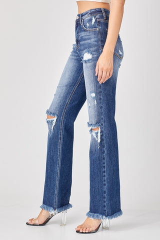 Shop Risen Full Size Raw Hem Distressed Straight Jeans - High-Quality U.S. Made Women’s Fashion with Free & Fast Shipping