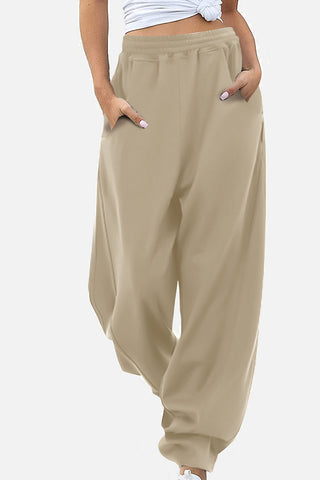 Shop Khaki Elastic Waist Sweatpants with Pockets - High-Quality U.S. Made Women’s Fashion with Free & Fast Shipping