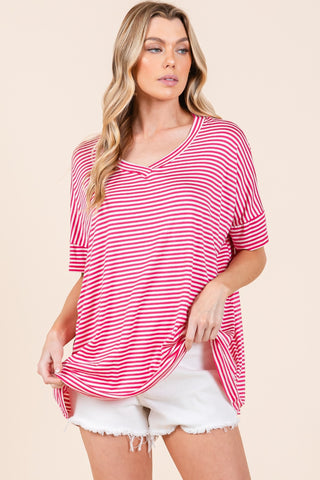 Shop BOMBOM Striped V-Neck T-Shirt - High-Quality U.S. Made Women’s Fashion with Free & Fast Shipping