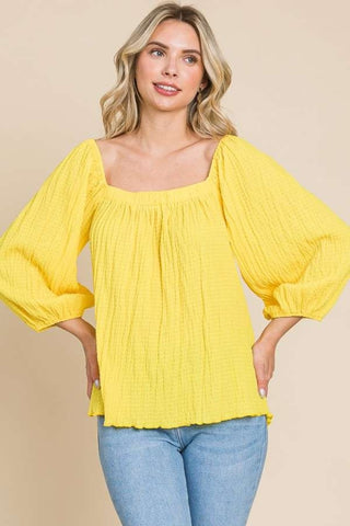 Shop Lemonade Culture Code Texture Square Neck Puff Sleeve Top - High-Quality U.S. Made Women’s Fashion with Free & Fast Shipping