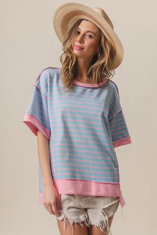 Shop BiBi Exposed Seam Stripe Contrast T-Shirt - High-Quality U.S. Made Women’s Fashion with Free & Fast Shipping