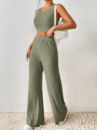 Shop Ribbed Round Neck Tank and Pants Sweater Set - High-Quality U.S. Made Women’s Fashion with Free & Fast Shipping