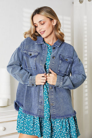 Shop Medium HEYSON Full Size Mineral-Washed Button-Down Denim Jacket - High-Quality U.S. Made Women’s Fashion with Free & Fast Shipping